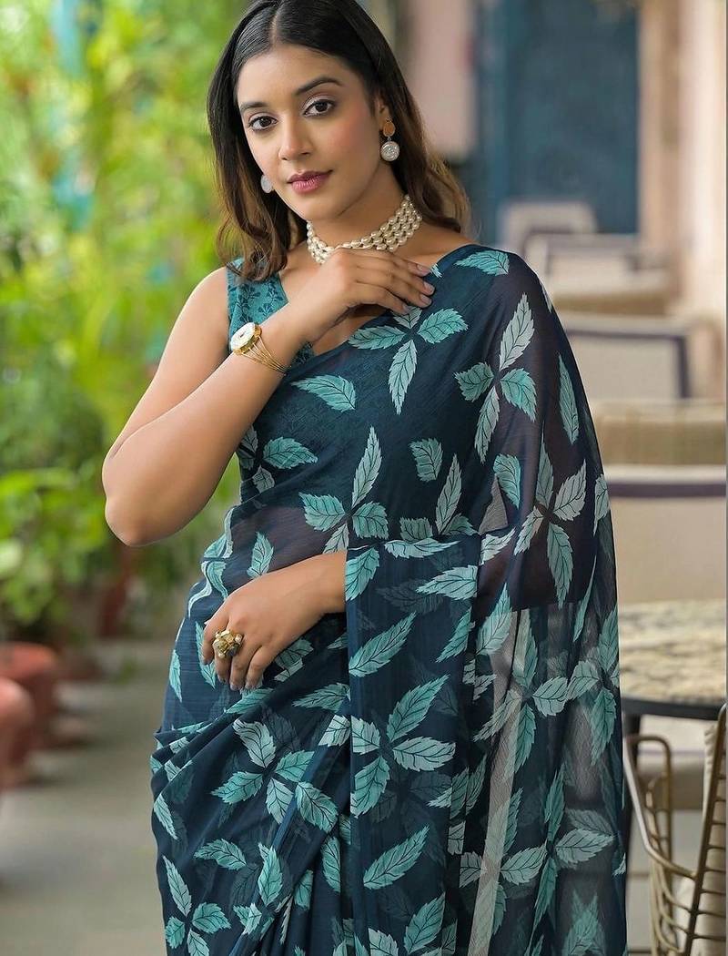 Navy blue chiffon printed saree with blouse