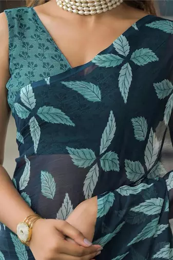 Navy blue chiffon printed saree with blouse