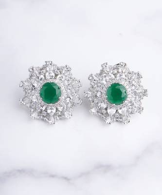Silver plated green stone oversized stud earrings 1