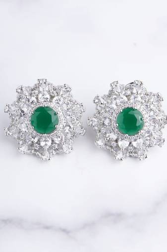 Silver plated green stone oversized stud earrings