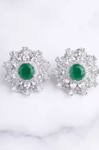 Silver plated green stone oversized stud earrings