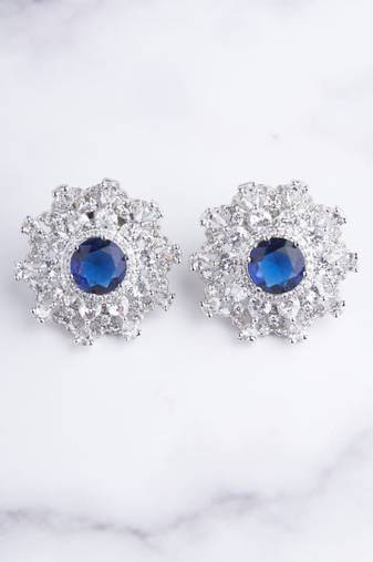 Silver plated blue stone oversized stud earrings