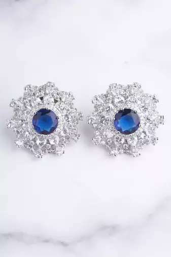 Silver plated blue stone oversized stud earrings