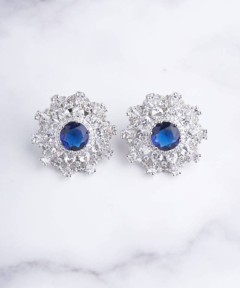 Silver plated blue stone oversized stud earrings
