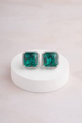 Silver plated emerald green stud earrings