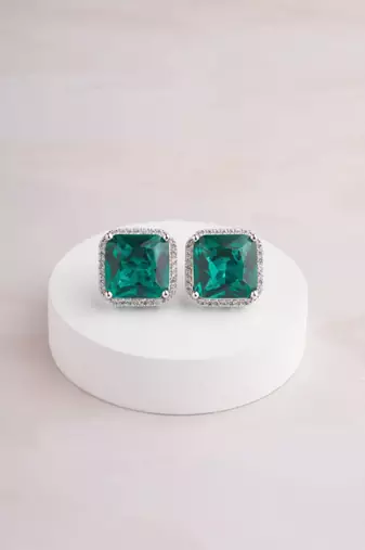 Silver plated emerald green stud earrings