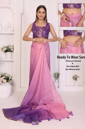 Pink linen printed saree with blouse