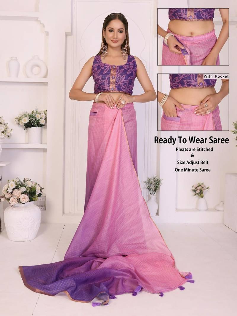 Pink linen printed saree with blouse