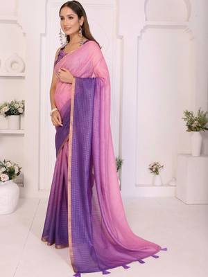 Pink linen printed saree with blouse 3