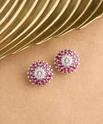 Silver plated ruby pink oversized stud earrings 1