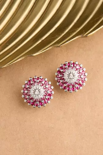 Silver plated ruby pink oversized stud earrings