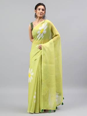 Lime linen printed saree with blouse 1