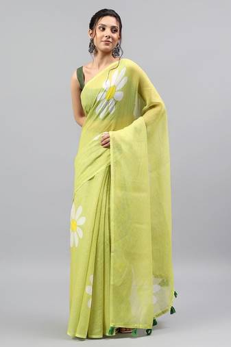 Lime linen printed saree with blouse