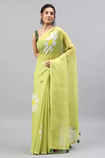 Lime linen printed saree with blouse
