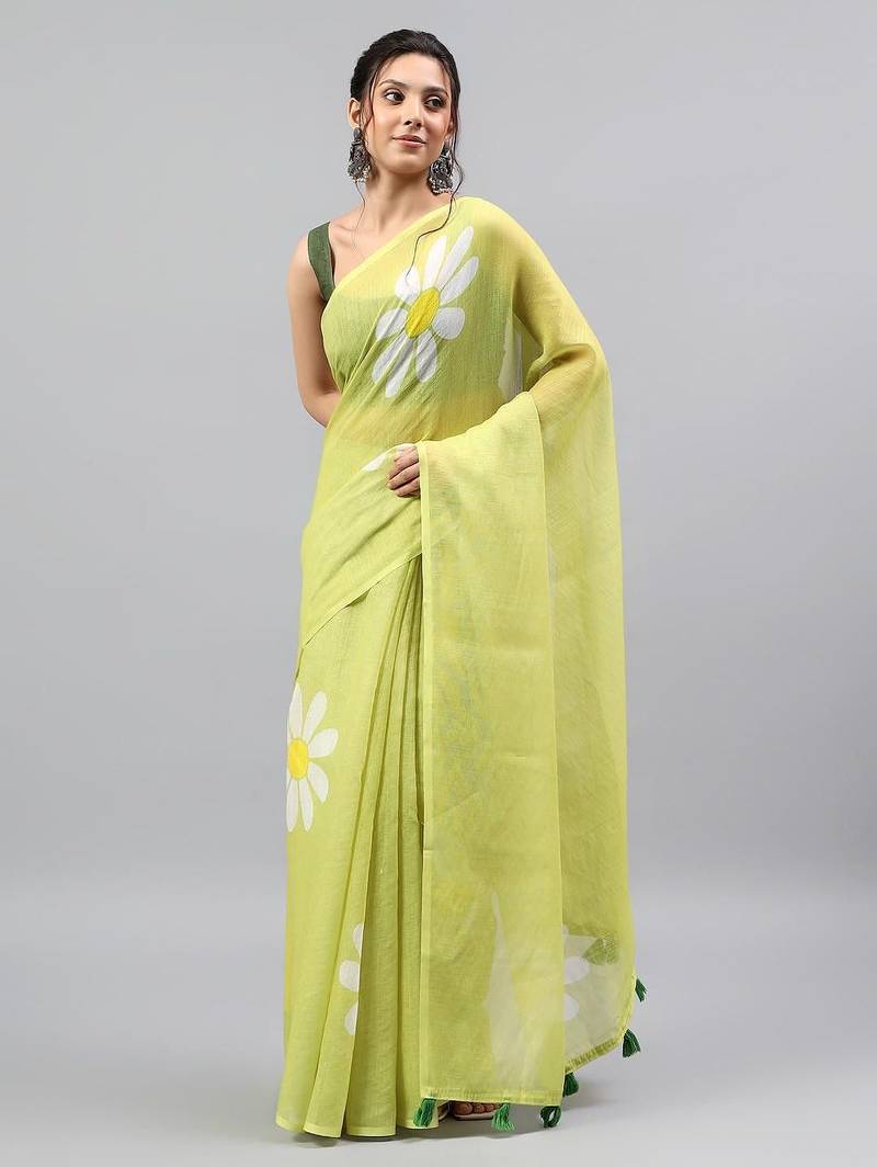 Lime linen printed saree with blouse