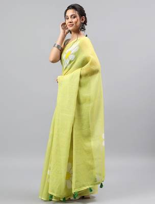 Lime linen printed saree with blouse 2