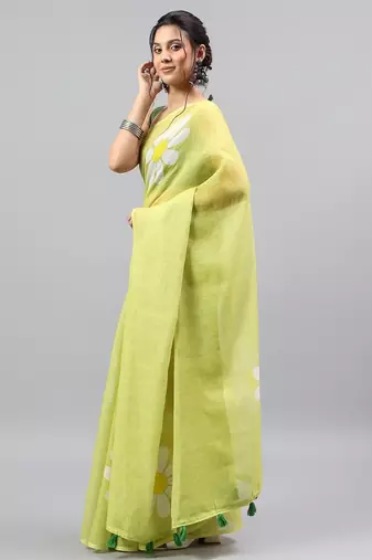 Lime linen printed saree with blouse
