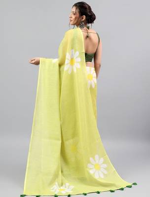 Lime linen printed saree with blouse 3