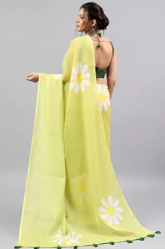 Lime linen printed saree with blouse