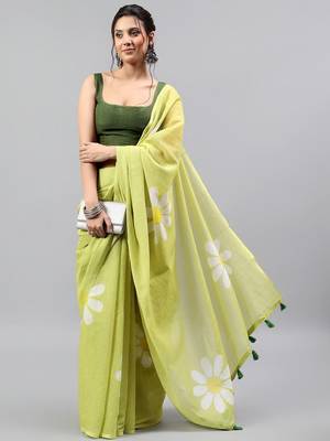 Lime linen printed saree with blouse 4