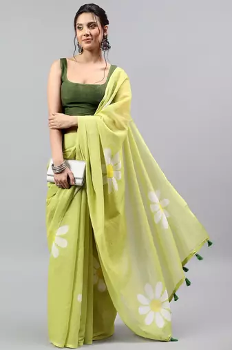 Lime linen printed saree with blouse