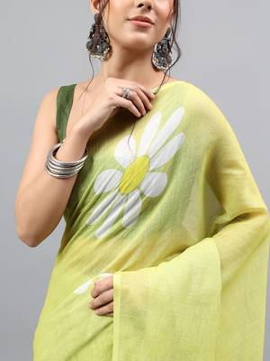 Lime linen printed saree with blouse 5