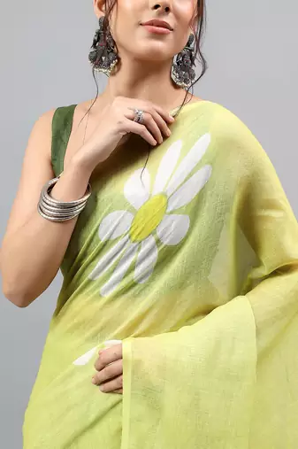 Lime linen printed saree with blouse