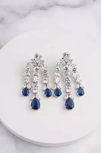 Silver plated sapphire blue chandelier drop earrings