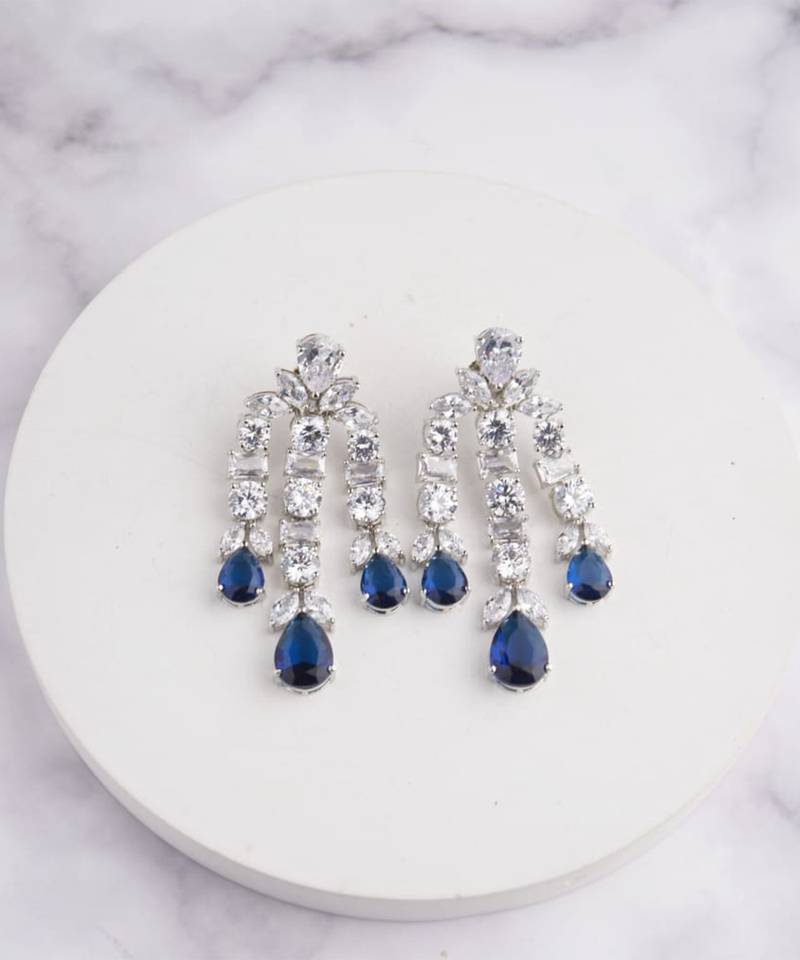 Silver plated sapphire blue chandelier drop earrings