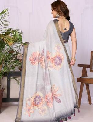 Off white linen  saree with blouse 3