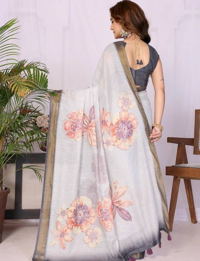 Off white linen  saree with blouse