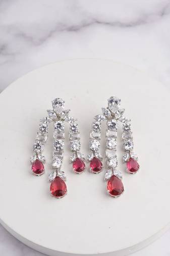 Silver plated ruby red chandelier drop earrings