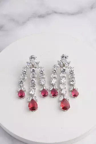 Silver plated ruby red chandelier drop earrings