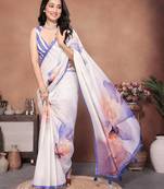 White linen printed saree with blouse