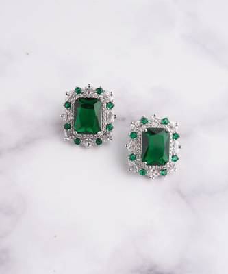 Silver plated emerald green stone stud earring 1