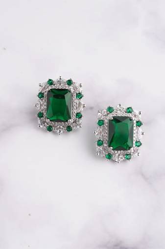 Silver plated emerald green stone stud earring