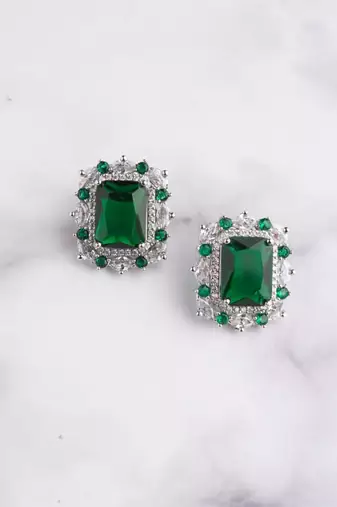 Silver plated emerald green stone stud earring