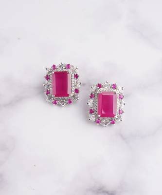 Silver plated pink stone stud earring 1