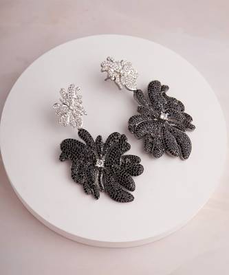 Silver plated black floral dangler earrings 1