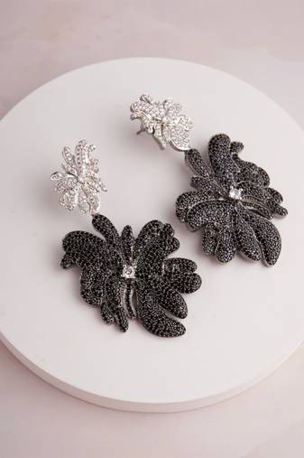 Silver plated black floral dangler earrings
