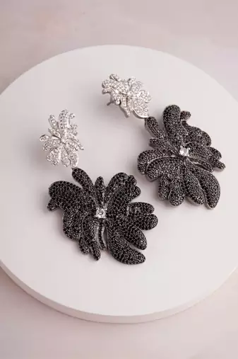 Silver plated black floral dangler earrings