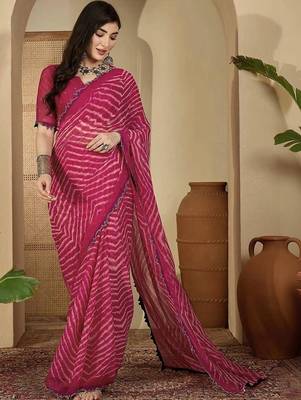 Pink pure georgette striped saree with blouse 1