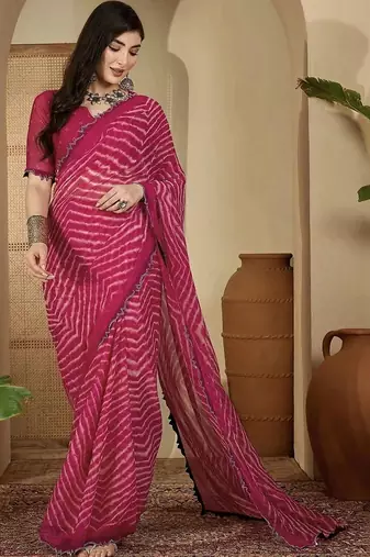 Pink pure georgette striped saree with blouse