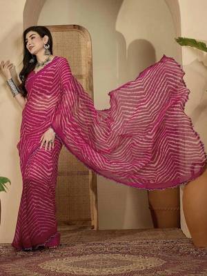 Pink pure georgette striped saree with blouse 3