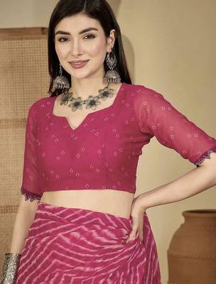 Pink pure georgette striped saree with blouse 4