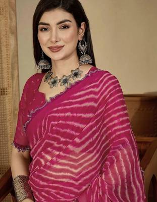 Pink pure georgette striped saree with blouse 5