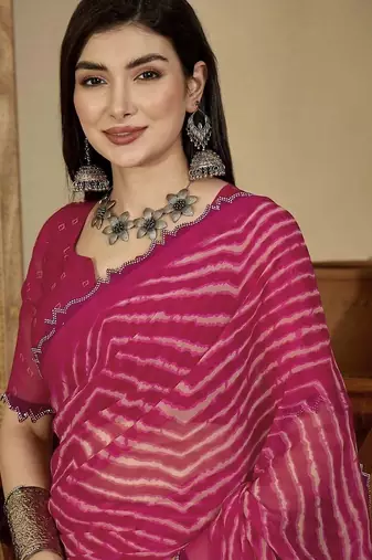 Pink pure georgette striped saree with blouse