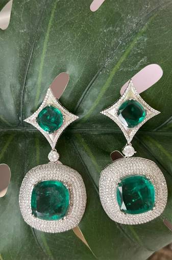 Silver plated dark green stone drop earrings