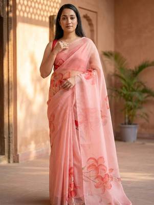 Pink organza printed saree with blouse 1