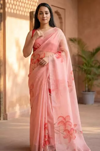 Pink organza printed saree with blouse